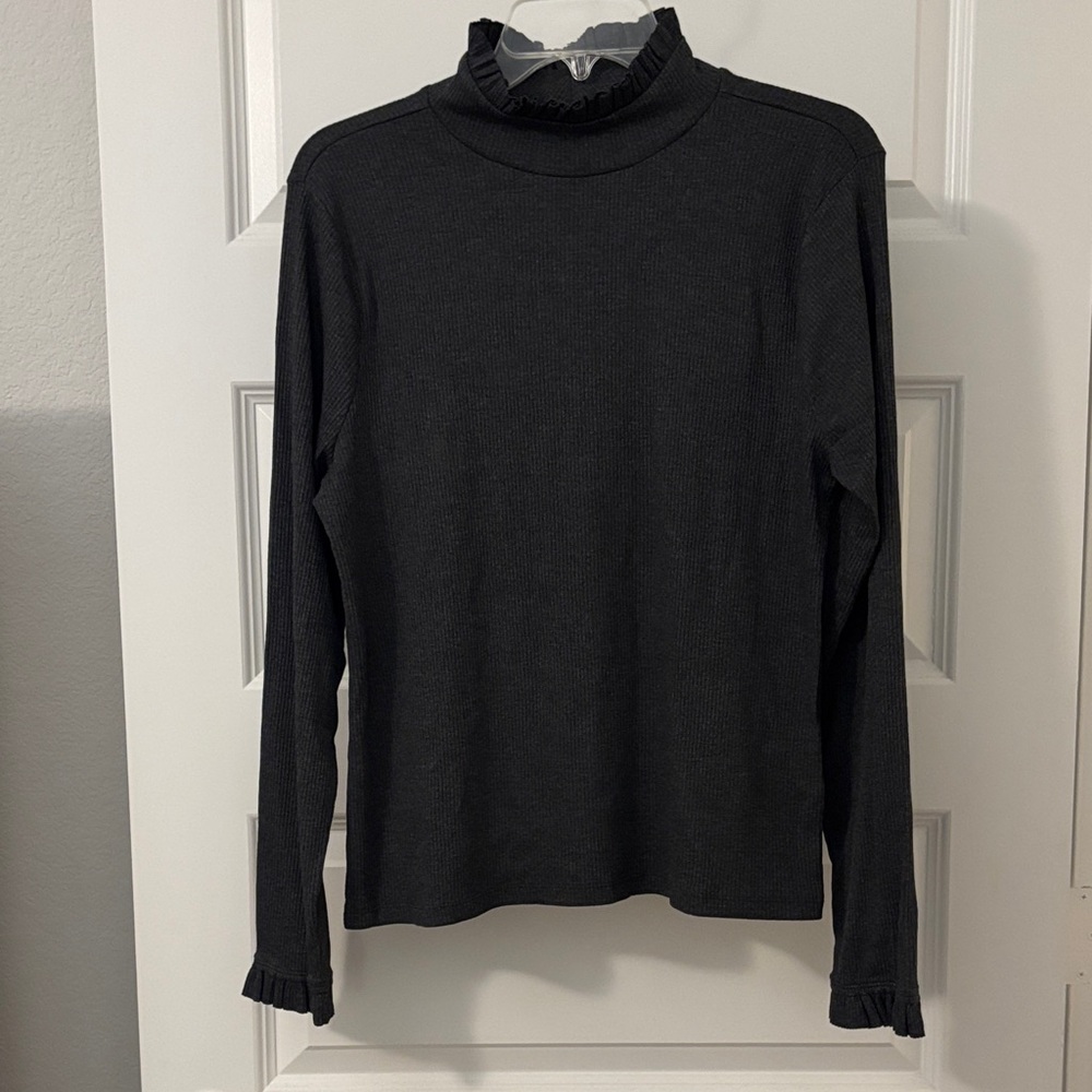 J Crew Gray Vintage rib ruffle mockneck sweater SZ XL 70s vibe casual preppy NWT
